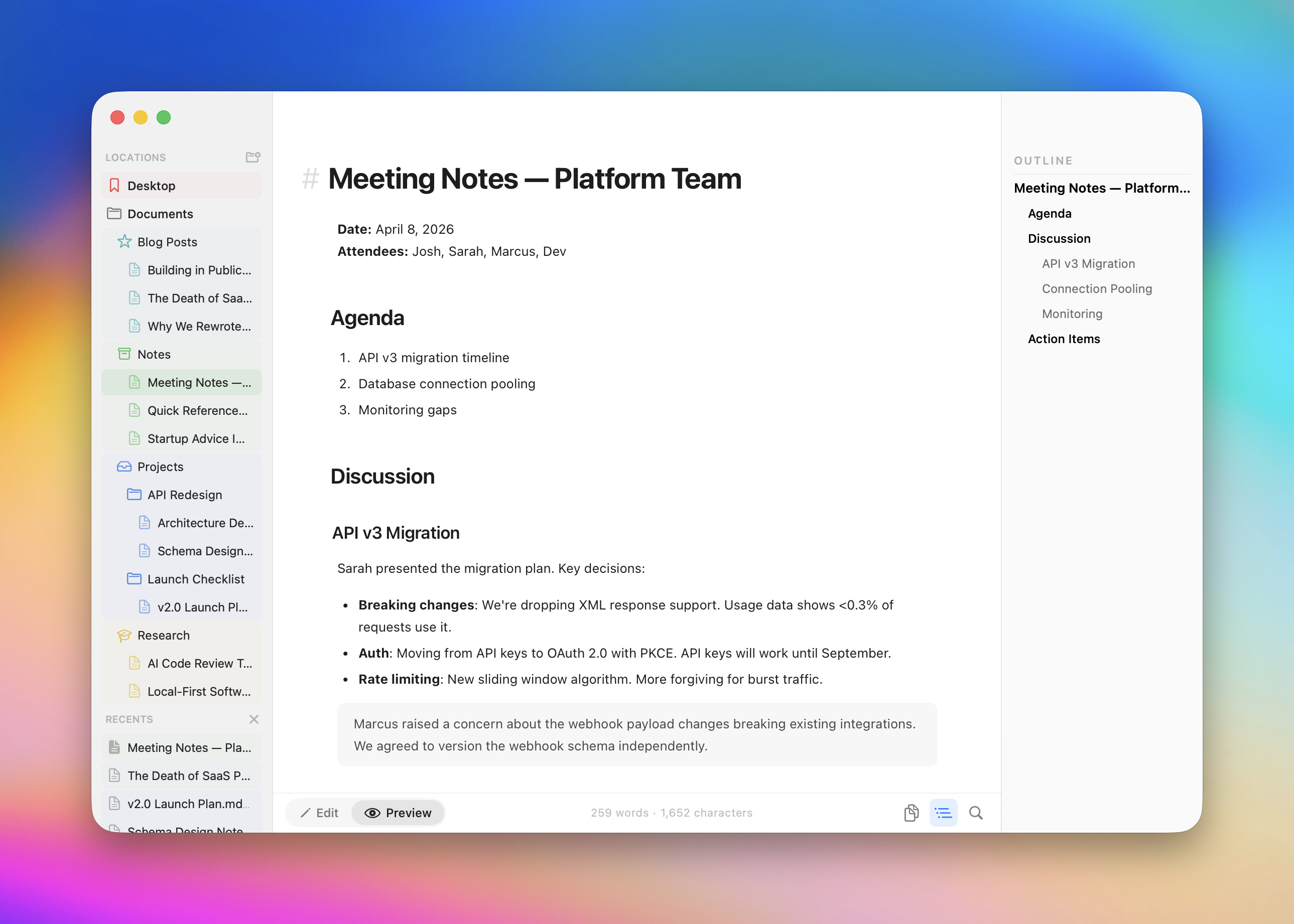 Eyrie editor showing the sidebar, an open Markdown document, and the right-side chat panel with citation chips